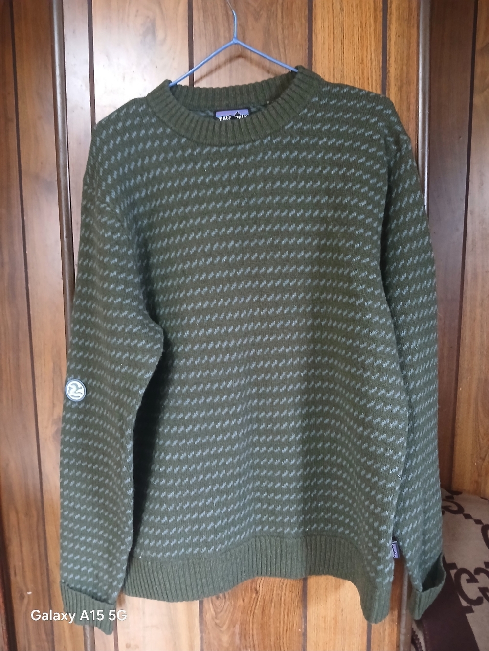 Patagonia Recycled Wool Olive Green Crewneck Sweater with Cream Fleck